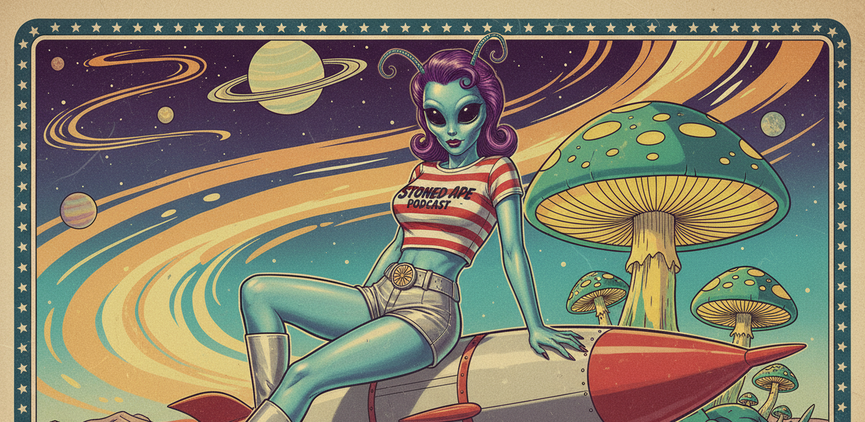 an alien chick wearing a crop top tee with Stoned Ape Podcast on it, have her posed like a vintage pin up poster
